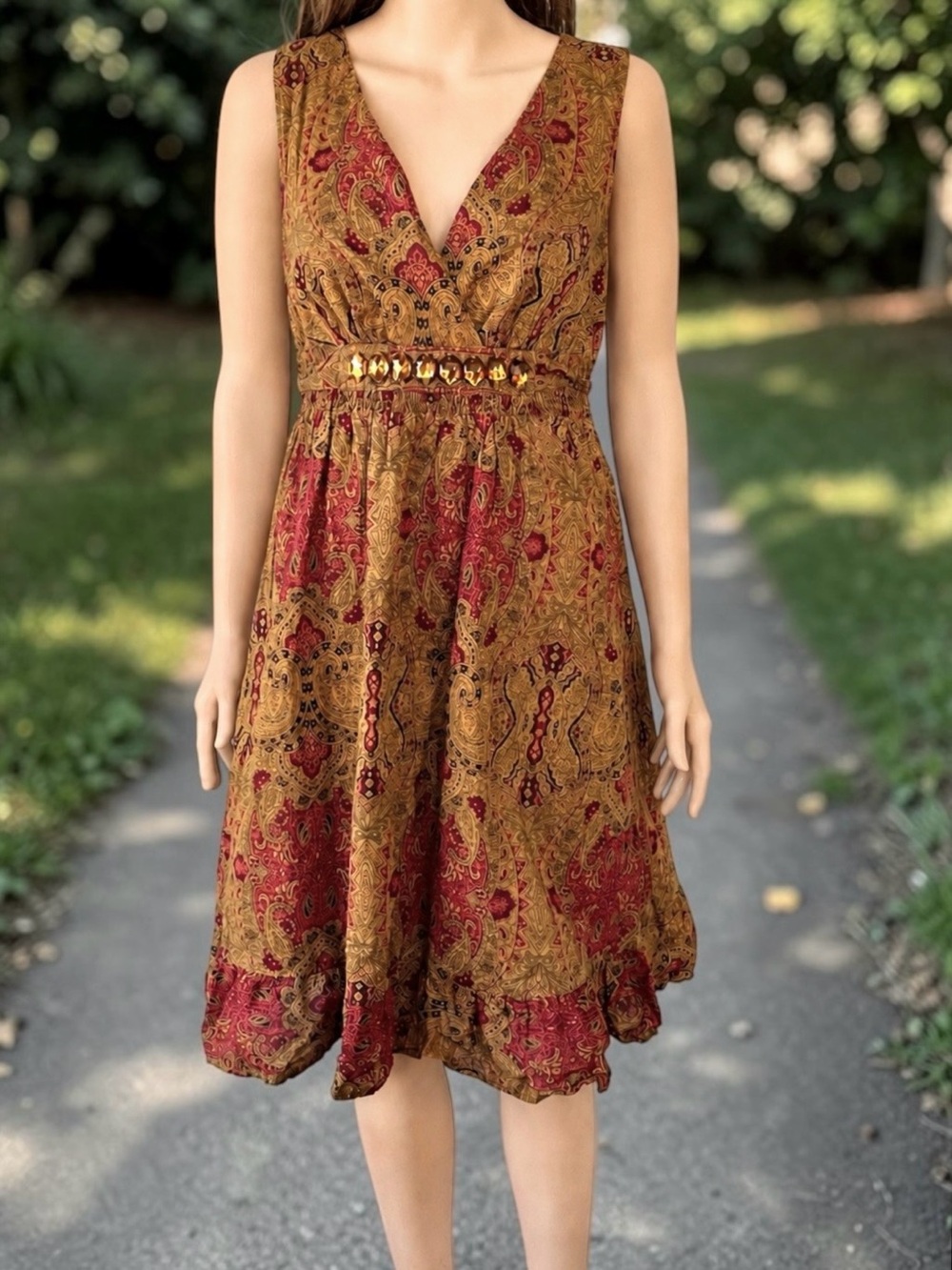 Apt 9 Paisley Boho Beaded Cotton Dress Size 6 Earthy Retro Festival Rust Color